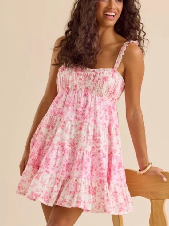 Altar'd State Dresses & Skirts - NWT Altar’d State Pink Floral Tiered Mini Dress Ruffle Strap Cottagecore Size S